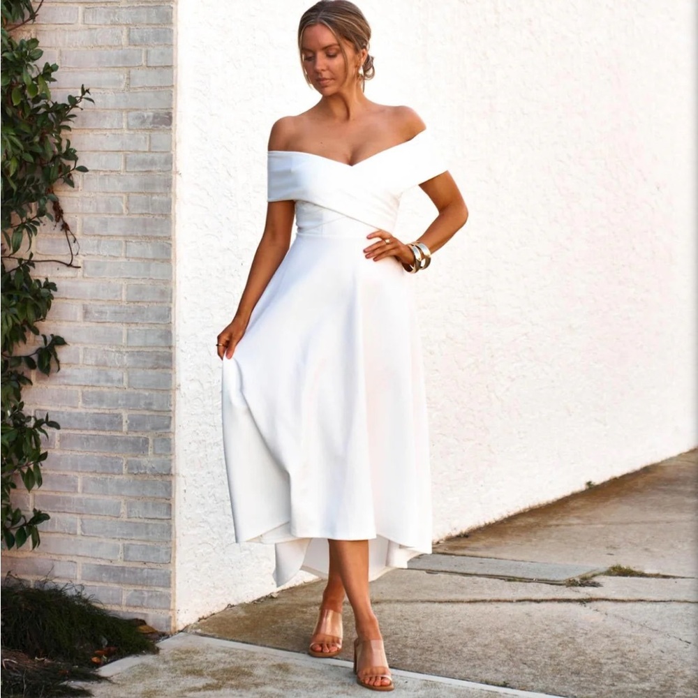Off-the-Shoulder White Midi Dress